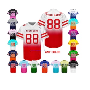 May include: A collection of customizable football jerseys in various colors with the number 88 on the front. The jerseys have a gradient design with white on top and a solid color on the bottom. The text "YOUR NAME" and "TEAM NAME" are on the jerseys.
