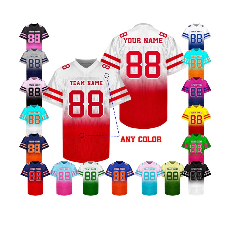 May include: A collection of customizable football jerseys in various colors with the number 88 on the front. The jerseys have a gradient design with white on top and a solid color on the bottom. The text "YOUR NAME" and "TEAM NAME" are on the jerseys.
