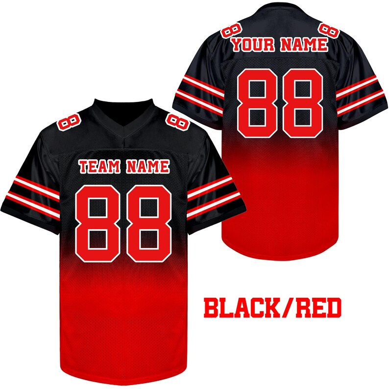 May include: Black and red football jersey with white trim. The jersey has a gradient design and the number 88 on the front. The text "TEAM NAME" is above the number and the text "YOUR NAME" is above the number on the back of the jersey.