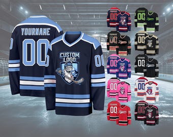 May include: A dark blue hockey jersey with light blue and white stripes on the sleeves and hem. The front features a shield graphic with a llama holding a hockey stick and the text CUSTOM LOGO. The back displays the text YOURNAME and 00.