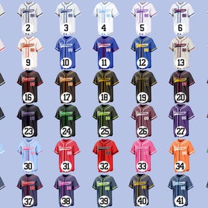 May include: A collection of baseball jerseys in various colors, each with the number "88" on the front. The jerseys feature different color combinations, including white, blue, red, black, and green, with striped and solid designs. The word "Forever" is printed on the front.