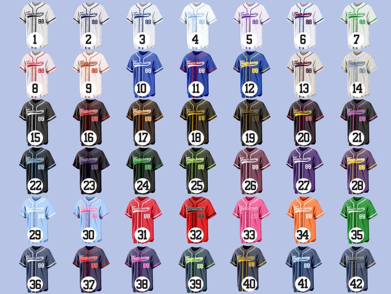 May include: A collection of baseball jerseys in various colors, each with the number "88" on the front. The jerseys feature different color combinations, including white, blue, red, black, and green, with striped and solid designs. The word "Forever" is printed on the front.