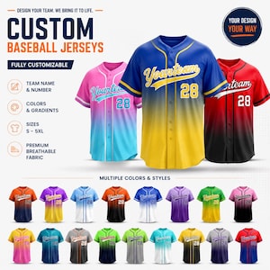 May include: Custom baseball jerseys in a range of colours and styles. The image displays multiple designs, including pink, blue, yellow, and red jerseys. Features include customisable team names, numbers, and sizes from S to 5XL. Jerseys are made with premium, breathable fabric.