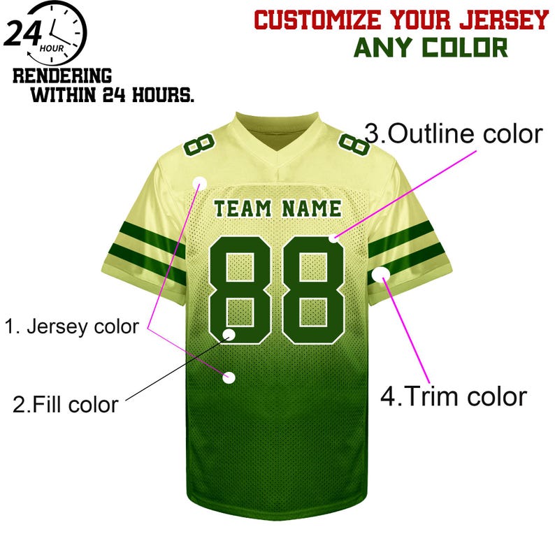 May include: A customizable football jersey with a green and yellow gradient design. The jersey has a white number "88" on the back with a green outline. The text "TEAM NAME" is above the number. The jersey has green and yellow stripes on the sleeves. The image includes text that says "CUSTOMIZE YOUR JERSEY ANY COLOR" and "1. Jersey color", "2. Fill color", "3. Outline color", and "4. Trim color".