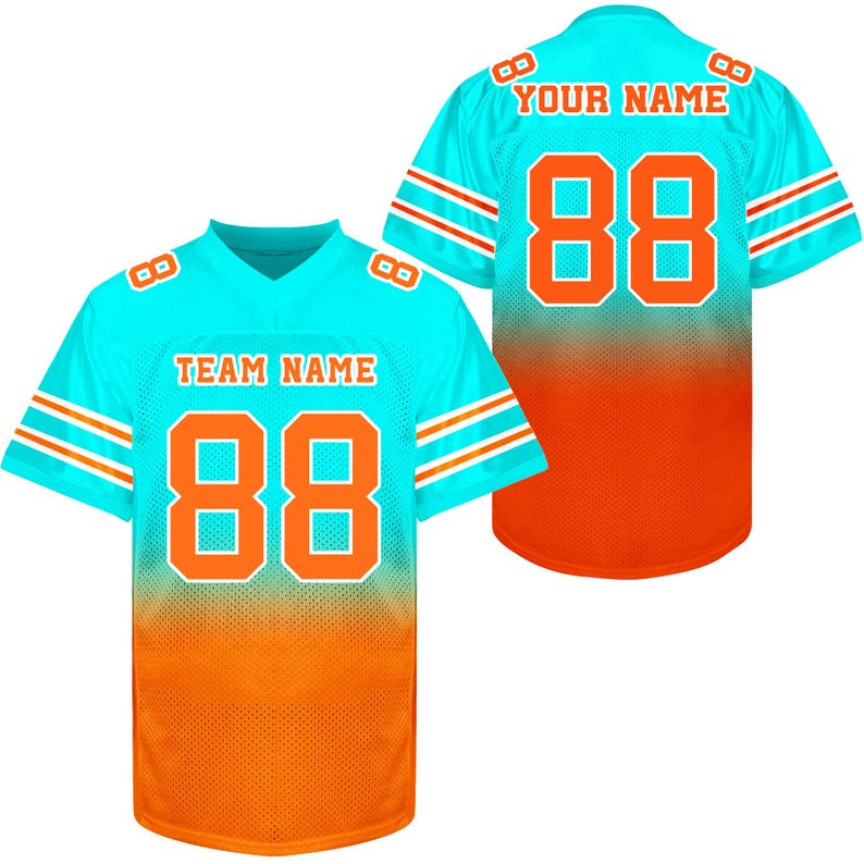 May include: Two turquoise and orange football jerseys with white stripes. The front of the jersey has the text "TEAM NAME" and the number "88". The back of the jersey has the text "YOUR NAME" and the number "88".