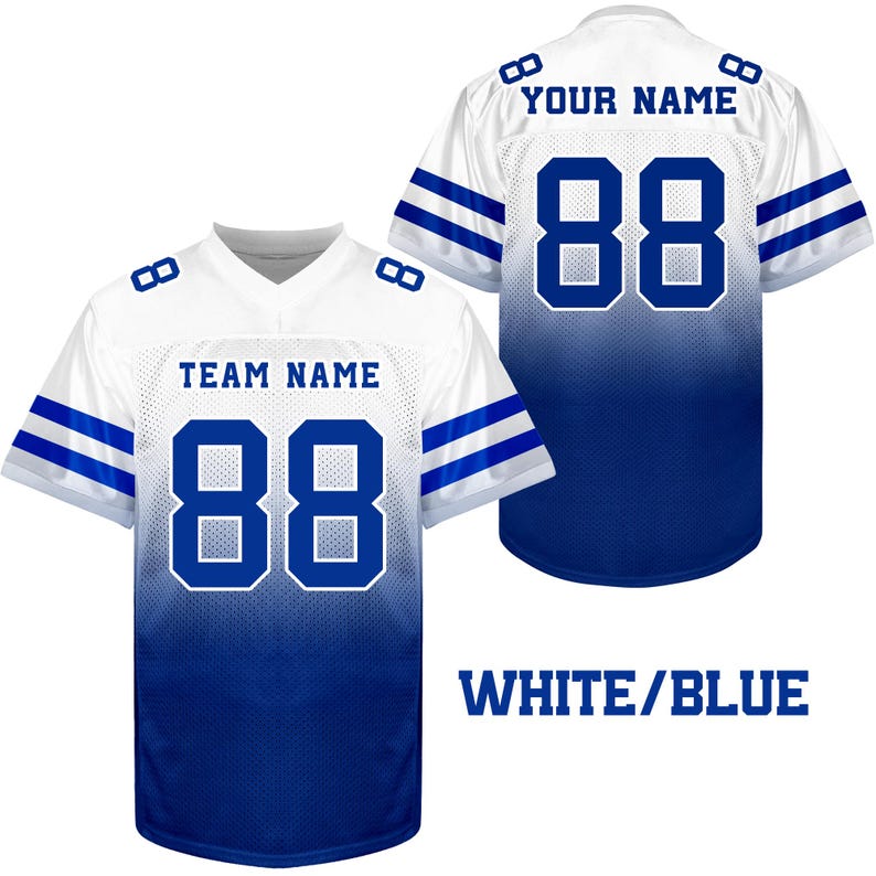 May include: White and blue football jersey with a gradient design. The jersey has a white base with a blue gradient fading from the top to the bottom. The jersey has a white collar and sleeves with blue stripes. The jersey has the number 88 on the front and back. The text "TEAM NAME" is on the front of the jersey and the text "YOUR NAME" is on the back of the jersey.