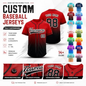 May include: Custom baseball jerseys in red and black with the text "Teamname" and the number "88". The image shows multiple color options and highlights features like breathable fabric and custom name and number options. The text reads "Custom Baseball Jerseys".