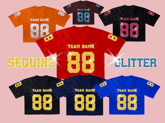 Custom Bling Football Crop Jersey ,  Customize Glitter Women Short jerseys,  Sequins navel-baring short sleeves for Cheerleading