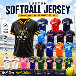 May include: Custom softball jerseys in various colors, featuring the text "SOFTBALL JERSEY" and "FEARLESS SOFTBALL". The jerseys have team names and numbers, with options for custom team names and numbers. The image also highlights vibrant colors and fast turnaround.