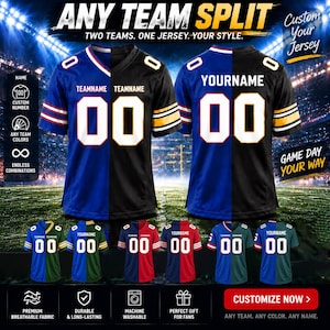May include: A custom split-design jersey featuring a dual-color scheme with the text ANY TEAM SPLIT, TWO TEAMS. ONE JERSEY. YOUR STYLE., YOURNAME, and 00. The jersey displays various color combinations including blue, black, green, red, and teal.