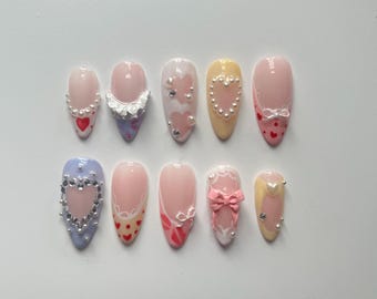 Short n’ sweet nails //Press on nails//Cute nails//Sabrina carpenter nails// Pink nails//Bow Nails//Coquette nails//Handmade nails
