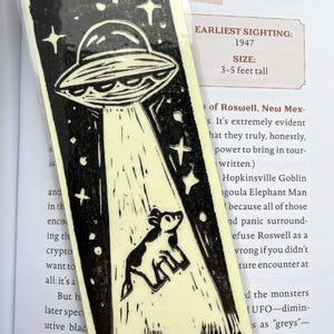 Cow Abduction Bookmark- Lino cut- Handmade
