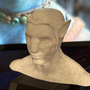 Könnte beinhalten: Detaillierte Büste einer Na'vi-Figur aus dem Film Avatar. Die Skulptur ist hellbeige mit dunklen Sprenkeln, mit spitzen Ohren und einem ruhigen Ausdruck. Die Büste ist auf einem schwarzen Sockel montiert, mit verschwommenem Hintergrund.