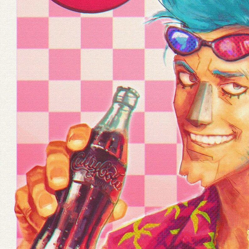 May include: Illustration of a person with blue hair and sunglasses holding a glass bottle of cola. The bottle is labeled with the text "Chilly Cola". The background features a pink and white checkered pattern.