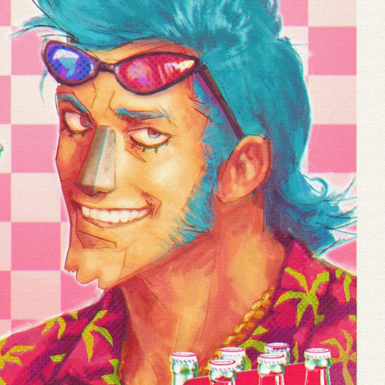 May include: Illustration of a man with blue hair and sunglasses. He is wearing a red shirt with a tropical pattern. The background is a pink and white checkered pattern. The man is smiling and appears to be holding bottles.