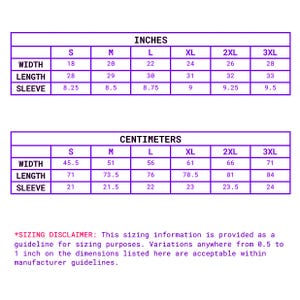 May include: A sizing chart for a shirt, displaying measurements in inches and centimeters. The chart includes sizes S to 3XL, with width, length, and sleeve measurements. The disclaimer states sizing variations are acceptable.