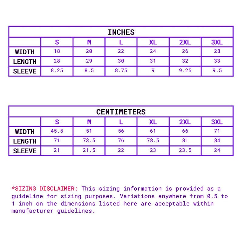May include: A sizing chart for a shirt, displaying measurements in inches and centimeters. The chart includes sizes S to 3XL, with width, length, and sleeve measurements. The disclaimer states sizing variations are acceptable.