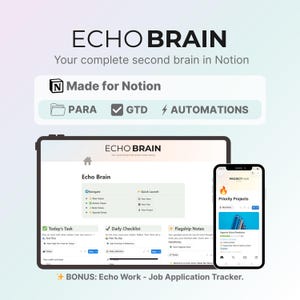 Echo Brain – Second Brain Notion Template | Task Manager, Notes, Goals, Projects, PARA, Habit Tracker, GTD System