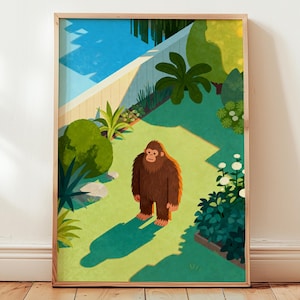 Impresión de Pie Grande de Jardín / Arte de Jardín Fantástico / Póster de Jardinero / Decoración de Pared de Críptidos Míticos / Arte Imprimible en Gouache / Obra de Arte de Cuentos