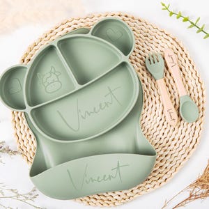 Personalised Silicone Weaning Set, Custom Baby Plate, Cartoon Weaning Set for Toddler Baby Kids, Feeding Set with Name, Baby Shower Gift