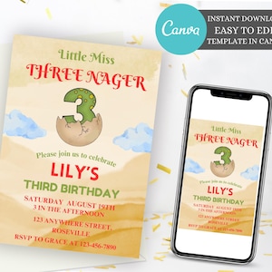 Editable Threenager Birthday Invitaion, Little miss birthday invitation, Third Birthday Invitation, Invite Printable Instant Download