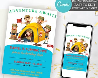 Editable Camping Birthday Invitation, Adventure Forest Camp Birthday Invitation template, Camper Birthday Invite Backyard Bonfire Party