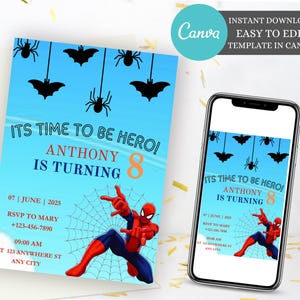 Editable Spider man Birthday Invitation Template, Spiderman Birthday Invite, Kids Birthday Party Invite, Editable Boy Party Invite Card