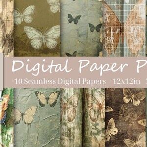 Carte digitali Vintage Butterfly, kit di diario spazzatura, pagine di farfalle verde oliva, portafoglio digitale, effimeri vintage, splendida carta digitale