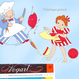 1950s Vintage Vogart Embroidery Transfer 136 Anthro Dishes Maid Chef Tea Towels