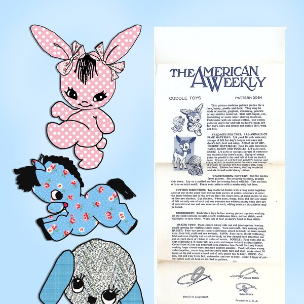 1950s Vintage American Weekly Mail Order Transfer Pattern 3064 Cuddle Toys Bunny Pup Pony ORIGINAL