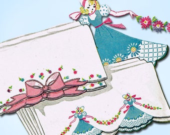 1950s Vintage Vogart Embroidery Transfer 146 Uncut Garden Girl Pillowcases ORIGINAL