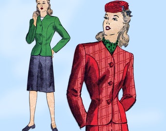 May include: Vintage sewing pattern illustration featuring two women wearing tailored jackets and skirts. One woman is wearing a green jacket and a dark skirt, while the other is wearing a red and white plaid jacket and skirt. Both women have blonde hair and are styled in a 1940s fashion.