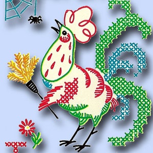1950s Vintage Vogart Embroidery Transfer 616 Uncut DOW Rooster Tea Towels ORIG