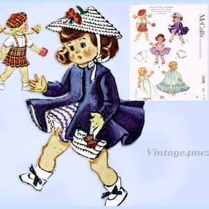 Puede incluir: Ilustración vintage de una muñeca con abrigo azul marino, sombrero blanco y zapatos blancos con lazos negros. También se muestra una muñeca más pequeña con falda y sombrero a cuadros. Un patrón McCall's para ropa de muñecas está en el fondo.