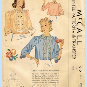 May include: A McCall printed sewing pattern envelope for a bed jacket, numbered 615, size small. The illustration shows two variations of a jacket with floral embroidery, scalloped edges, and gathered shoulders, presented in peach and blue colors.