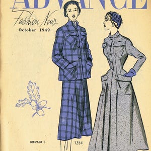 May include: Two women's fashion illustrations from Advance Fashion News, October 1949. The illustration on the left shows a woman wearing a plaid jacket and skirt. The illustration on the right shows a woman wearing a gray jacket with a fitted waist. The text "See Page 5" is at the bottom left of the image. The text "5284" is at the bottom center of the image. The text "5303" is at the bottom right of the image. The text "Copyright 1949 Advance Pattern Co., Inc." is at the bottom of the image.
