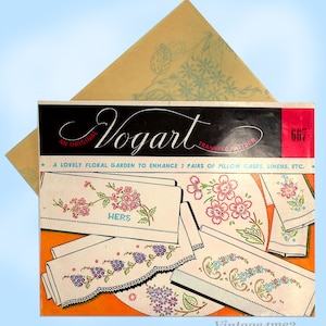1950s Vintage Vogart Embroidery Transfer 667 Set of 3 Floral Pillowcases