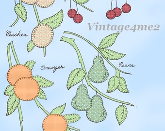 May include: A vintage-style illustration of a fruit tree with peaches, oranges, pears, and cherries. The fruits are depicted in a patchwork style with a light blue background. The text "Vintage4me2" is written in the upper right corner.