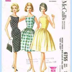 May include: Vintage McCall's sewing pattern 6755 featuring three dresses. The dresses are illustrated in black and white polka dots, blue and green floral, and yellow. The pattern is recommended for beginners and includes bust size 36 and size 16.