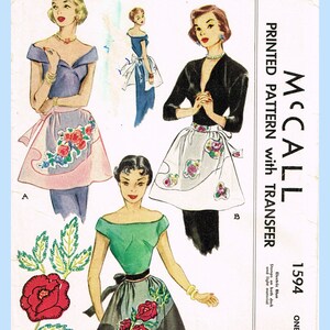 May include: Vintage sewing pattern for an organdy apron with embroidered floral details. The pattern is for one size and is printed on blue paper with a white border. The pattern includes a transfer sheet. The pattern is from McCall's and is number 1594.