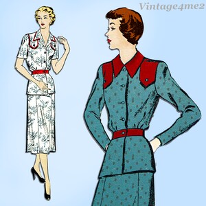 Può includere: Un'illustrazione vintage di un tailleur da donna a due pezzi in uno schema di colori rosso e blu. Il tailleur presenta una camicia con colletto e chiusura con bottoni e una gonna con design plissettato. L'illustrazione è in stile retrò.
