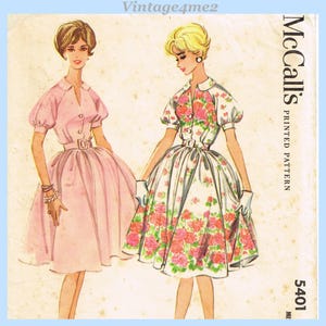 May include: Vintage McCall's printed pattern featuring two illustrations of dresses. One dress is solid pink, the other is white with a floral print. The pattern number is 5401.