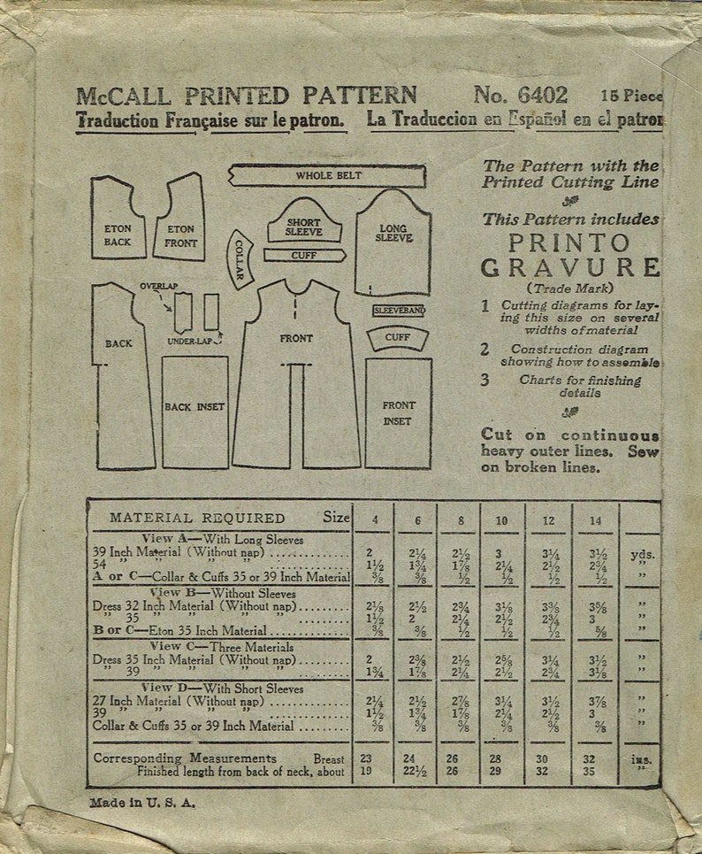 1920s Uncut Little Girls Eton Dress Size 10 Vintage Sewing Pattern McCall 6402