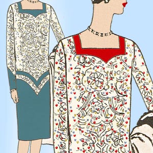 Può includere: Un'illustrazione vintage di una donna che indossa un abito con un motivo floreale. L'abito ha un corpetto rosso e una gonna blu. La donna indossa un cappello e ha i capelli corti e scuri.