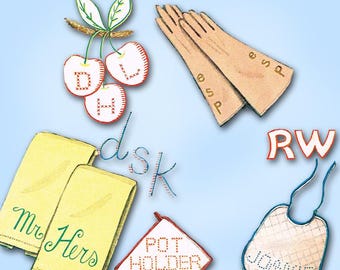 Alfabeto monograma sin cortar, transferencia de bordado Vogart original vintage de los años 50, 140