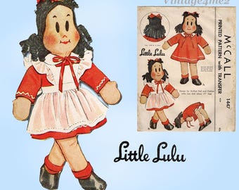 1940s Vintage McCall Sewing Pattern 1447 Rare Uncut 17in Little Lulu Soft Doll