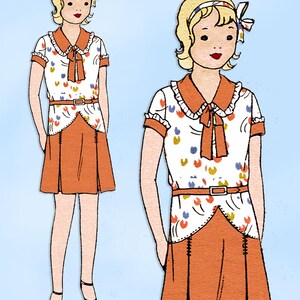 Può includere: Illustrazione di un outfit in stile vintage. L'outfit presenta un top bianco con un motivo floreale, un colletto marrone e una gonna abbinata. Una cintura marrone stringe la vita. Il testo "Vintage4me2" è in alto.