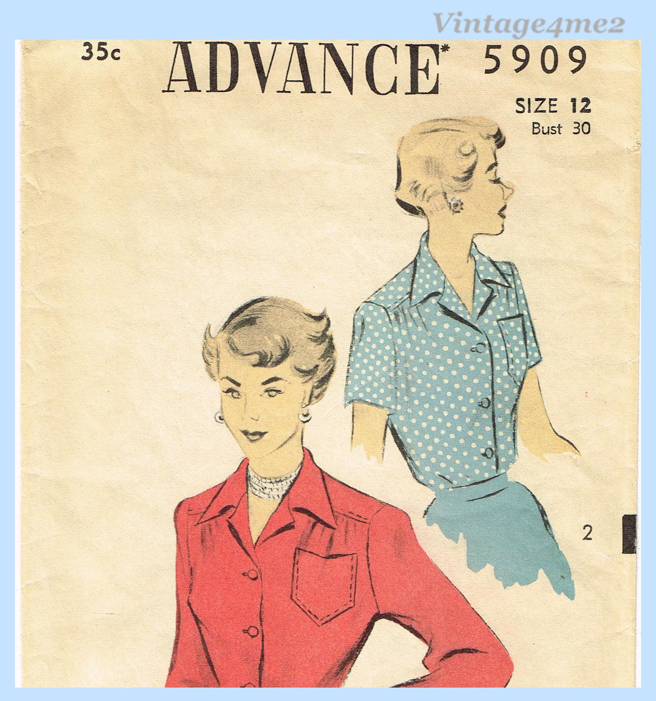 1950s Vintage Advance Sewing Pattern 5909 Charming Misses Blouse Size ...