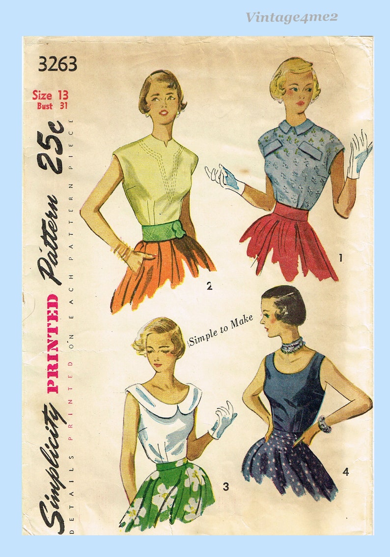 Advance Pattern 3263 Simplicity 3263: 1950s Uncut Misses Easy Blouse Size 31 B Vintage ...