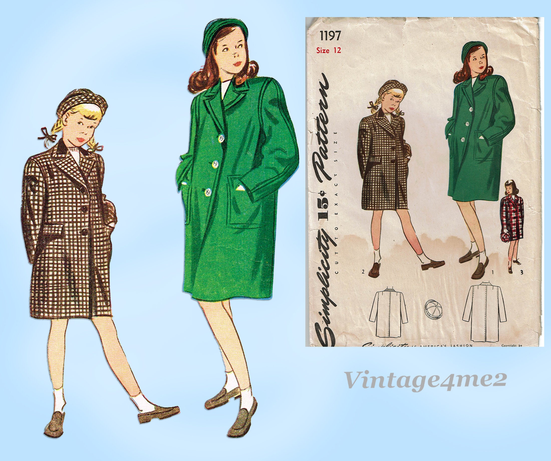 Simplicity 1197: 1940s Classic WWII Girls Boxy Coat & Hat Sz12